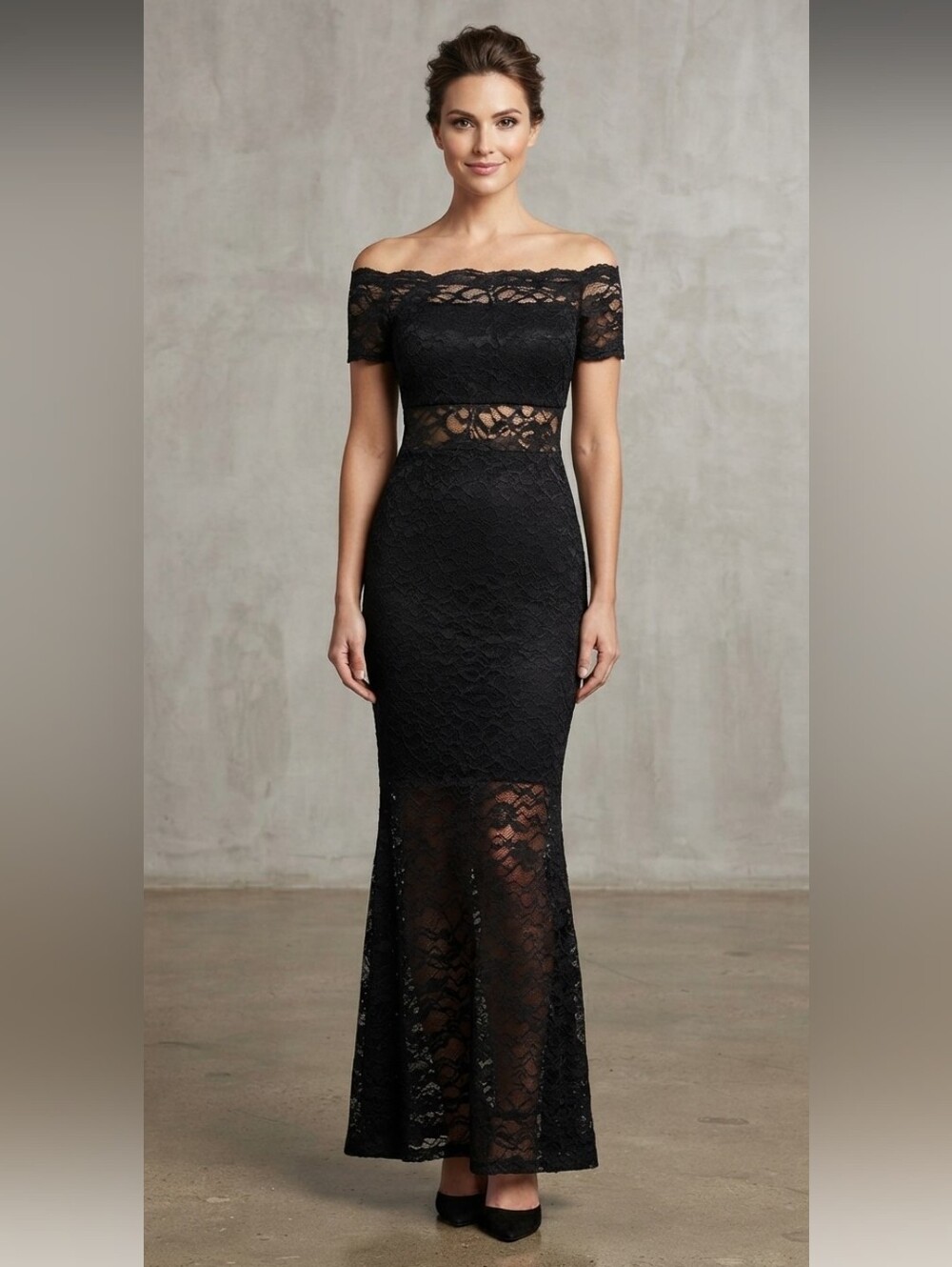 NW Nightway Lace Dress Maxi Evening Off Shoulder Black Sz 8 Petite